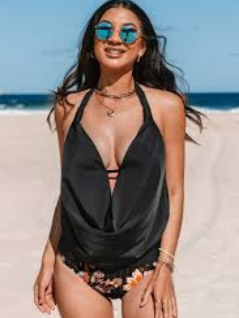 Cupshe Black Halter Draped Tankini Top with Floral Bottoms